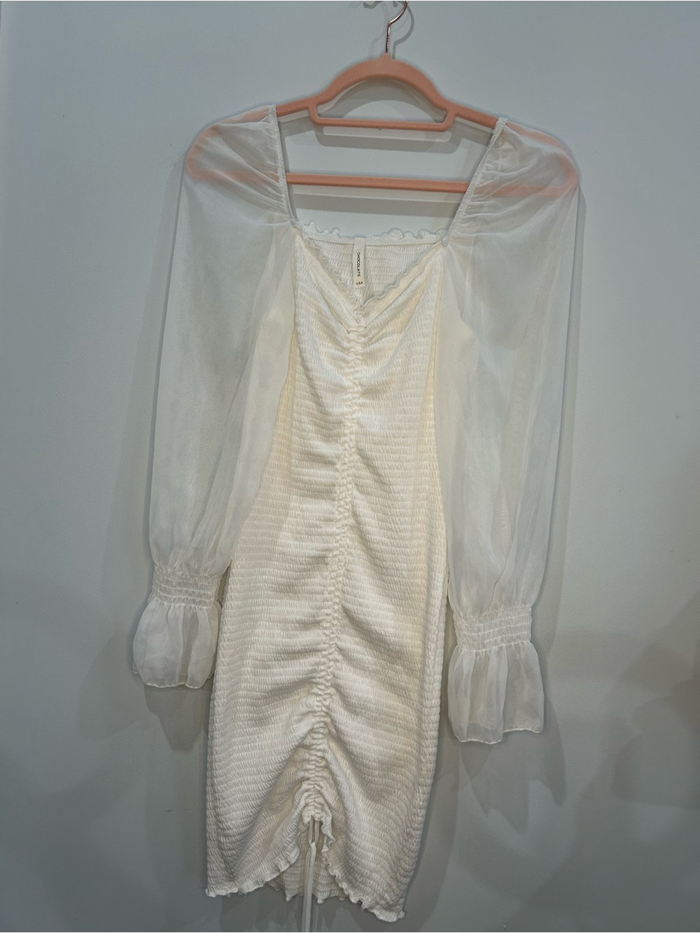White Ruched Sheer-Sleeve Mini Dress